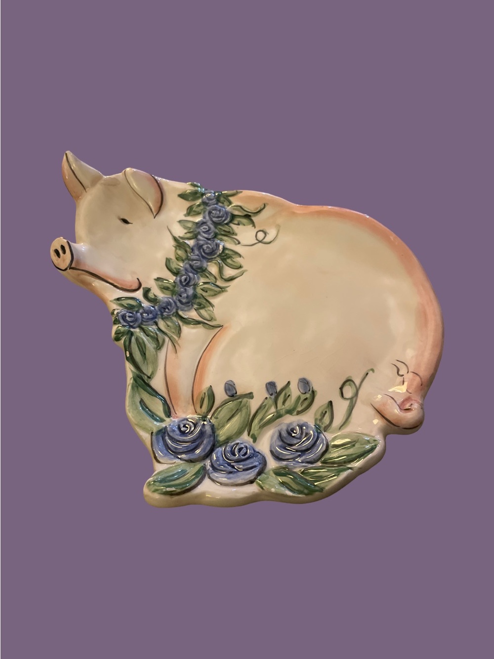 Blue Sky PIG Spoon Rest with Blue Roses by Elisabeth Pahle 2004